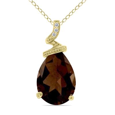 5 Carat Pear Shaped Smokey Quartz & Diamond Pendant in 10K Yellow Gold