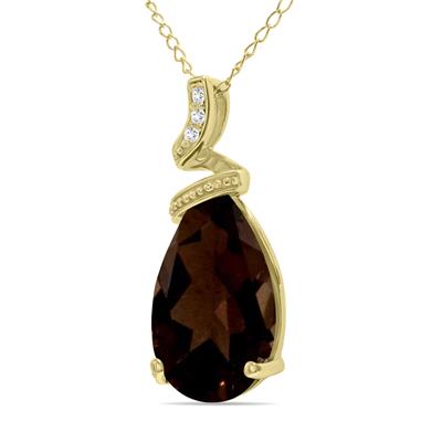 5 Carat Pear Shaped Smokey Quartz & Diamond Pendant in 10K Yellow Gold