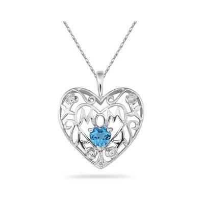 Blue Topaz and Diamond MOM Pendant in White Gold