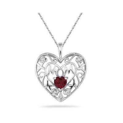 Garnet and Diamond MOM Pendant in White Gold