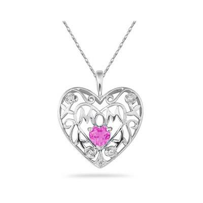 Pink Topaz and Diamond MOM Pendant in White Gold