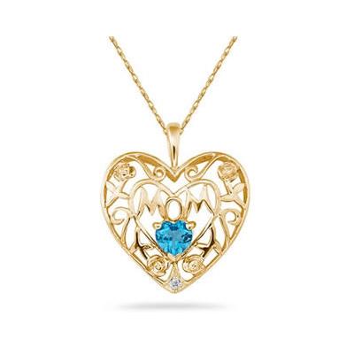 Blue Topaz and Diamond MOM Pendant in Yellow  Gold