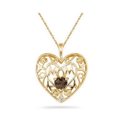 Smokey Quartz and Diamond MOM Pendant in Yellow Gold