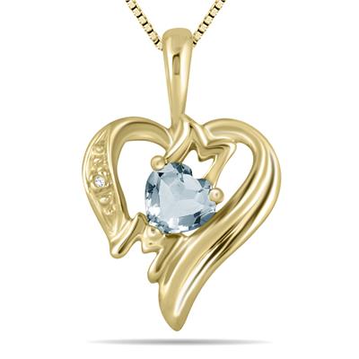 Aquamarine and Diamond Heart MOM Pendant in 10K Yellow Gold