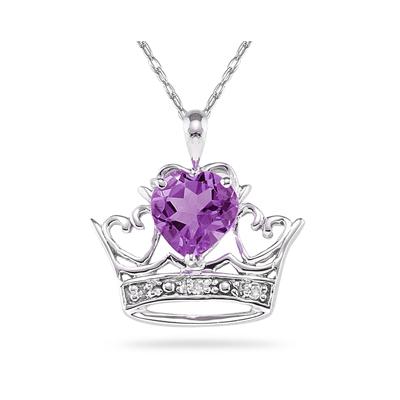 Amethyst & Diamond Crown Heart Pendant in 10K White Gold 