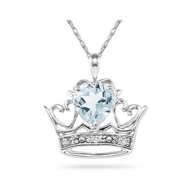 Aquamarine & Diamond Crown Heart Pendant in 10K White Gold 