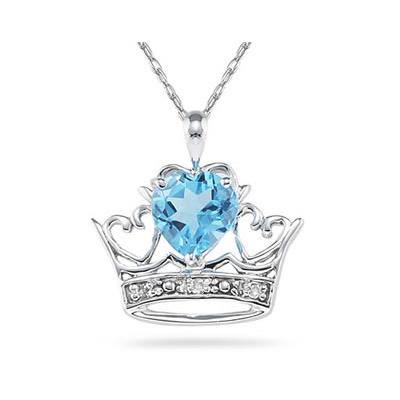 Blue Topaz & Diamond Crown Heart Pendant in 10K White Gold 