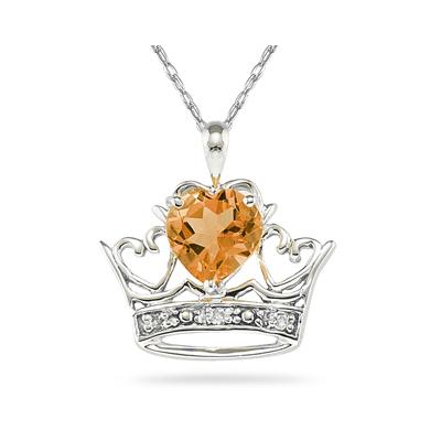 Citrine & Diamond Crown Heart Pendant in 10K White Gold 