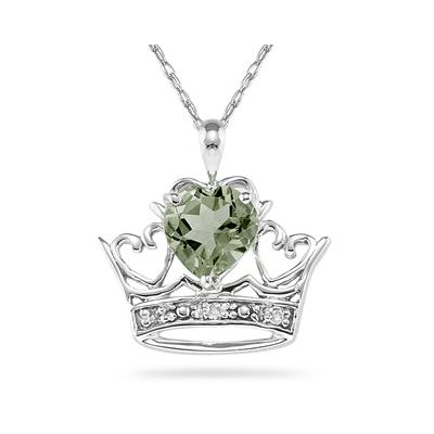 Green Amethyst & Diamond Crown Heart Pendant in 10K White Gold