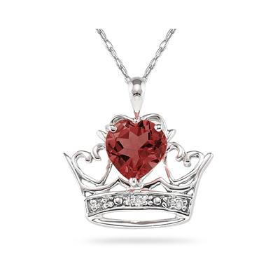Garent & Diamond Crown Heart Pendant in 10K White Gold 