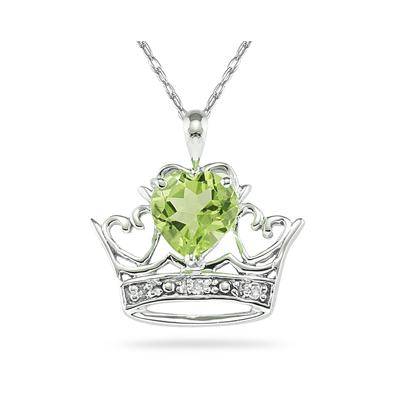 Peridot & Diamond Crown Heart Pendant in 10K White Gold 