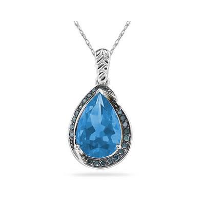 Pear Shaped Blue Topaz and Blue Diamonds Raindrop Pendant in White Gold