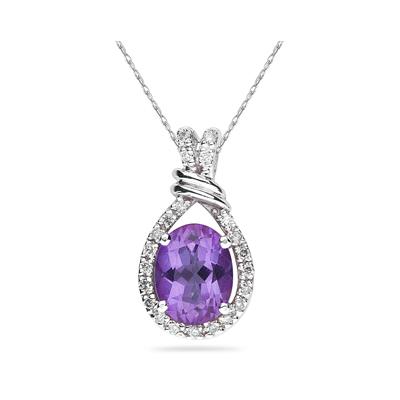 Oval Shaped Amethyst and Diamonds Pendant in 14k White Gold