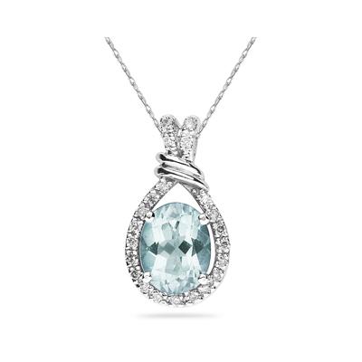 Oval Shaped Aquamarine and Diamonds Pendant in 14k White Gold