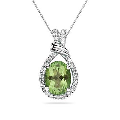 Oval Shaped Peridot and Diamonds Pendant in 14k White Gold