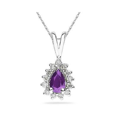 6X4mm Pear Shaped Amethyst and Diamond Flower Pendant in 14k White Gold