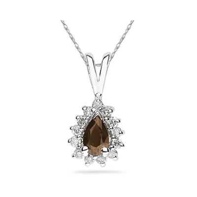 6X4mm Pear Shaped Smokey Quartz and Diamond Flower Pendant in 14k White Gold