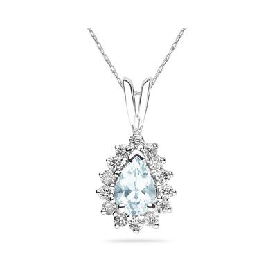 Pear Shape Aquamarine & Diamond Pendant in 14K White Gold