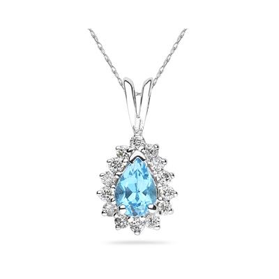 Pear Shape Blue Topaz & Diamond Pendant in 14K White Gold