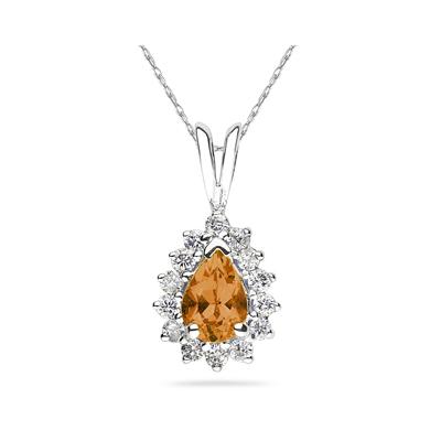 Pear Shape Citrine & Diamond Pendant in 14K White Gold