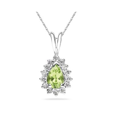 Pear Shape Peridot & Diamond Pendant in 14K White Gold