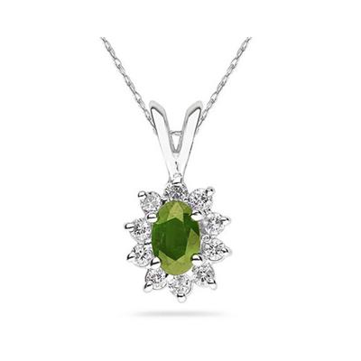 6X4mm Oval Shaped Peridot and Diamond Flower Pendant in 14k White Gold