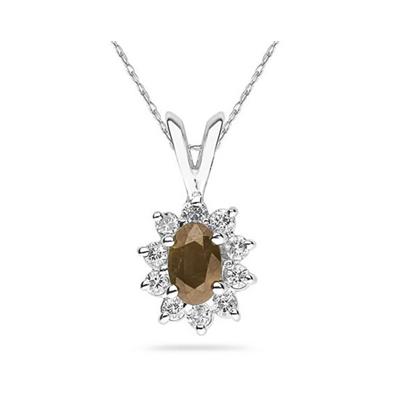 6X4mm Oval Shaped Smokey Quartz and Diamond Flower Pendant in 14k White Gold