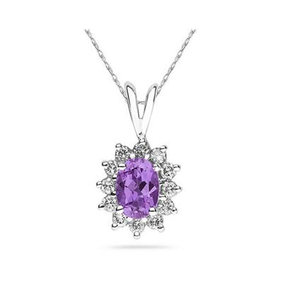 Oval Shape Amethyst & Diamond Pendant in 14K White Gold