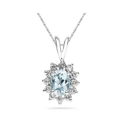 7X5mm Oval Shaped Aquamarine and Diamond Flower Pendant in 14k White Gold