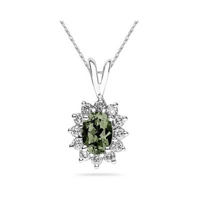 Oval Shape Green Amethyst & Diamond Pendant in 14K White Gold