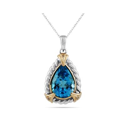 Pear Shape Blue Topaz and Diamond Pendant 14K Yellow Gold and Silver