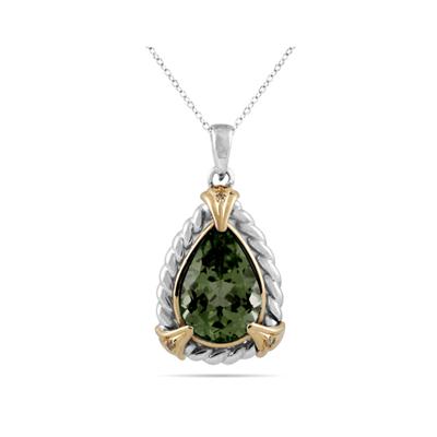 Pear Shape Green Amethyst and Diamond Pendant 14K Yellow Gold and Silver