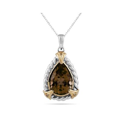 Pear Shape Smokey Quartz and Diamond Pendant 14K Yellow Gold and Silver