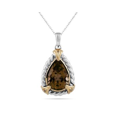 Pear Shape Smokey Quartz and Diamond Pendant 14K Yellow Gold and Silver 