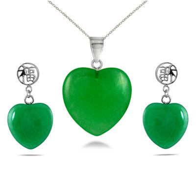 15mm All Natural Jade Heart Pendant and Earring Set in .925 Sterling Silver