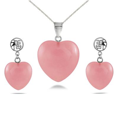 15mm All Natural Pink Jade Heart Pendant and Earring Set in .925 Sterling Silver