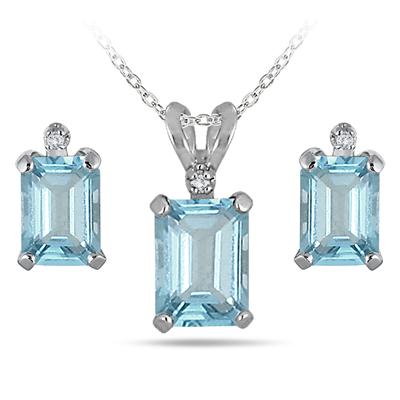 3.00 Carat Emerald Cut Aquamarine and Diamond Earrings and Pendant Set in .925 Sterling Silver 