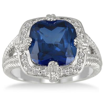5.35 Carat Cushion Cut Lab Created Sapphire and Diamond Ring in Sterling Silver