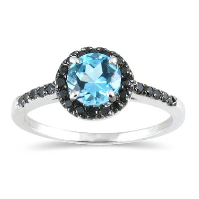 Blue Topaz and Black Diamond Ring in 10k White Gold