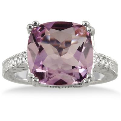 4 Carat Cushion Cut Amethyst and Diamond Antique Ring in .925 Sterling Silver