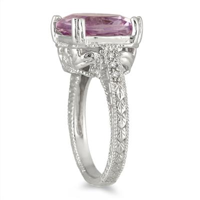 4 Carat Cushion Cut Amethyst and Diamond Antique Ring in .925 Sterling Silver