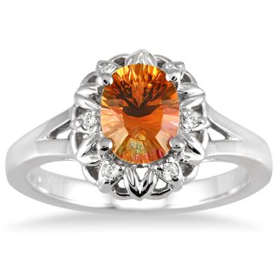 Orange Cognac Optic Cut Gemstone and Diamond Ring in .925 Sterling Silver
