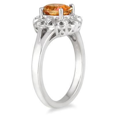 Orange Cognac Optic Cut Gemstone and Diamond Ring in .925 Sterling Silver