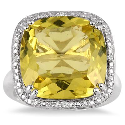 10 Carat All Natural Cushion Cut lemon Quartz and Diamond Ring in .925 Sterling Silver