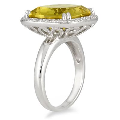10 Carat All Natural Cushion Cut lemon Quartz and Diamond Ring in .925 Sterling Silver