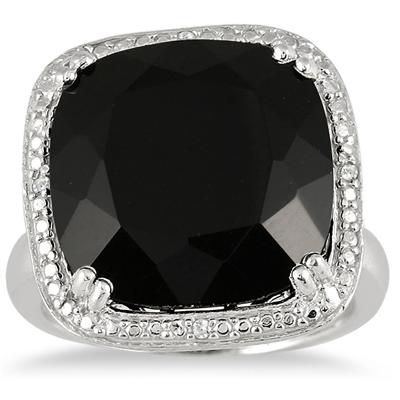 15MM All Natural Cushion Cut Onyx and Diamond Ring in .925 Sterling Silver