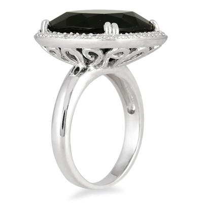 15MM All Natural Cushion Cut Onyx and Diamond Ring in .925 Sterling Silver