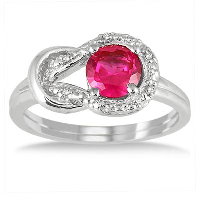 6mm Created Ruby and Genuine Diamond Love knot Ring in .925 Sterling Silver