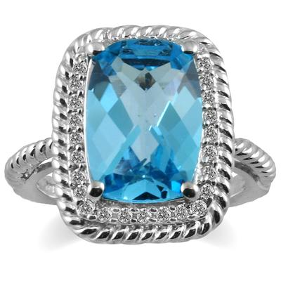 8 Carat All Natural Cushion Cut Blue Topaz and Genuine Diamond Ring in .925 Sterling Silver 