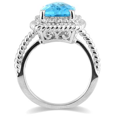 8 Carat All Natural Cushion Cut Blue Topaz and Genuine Diamond Ring in .925 Sterling Silver 